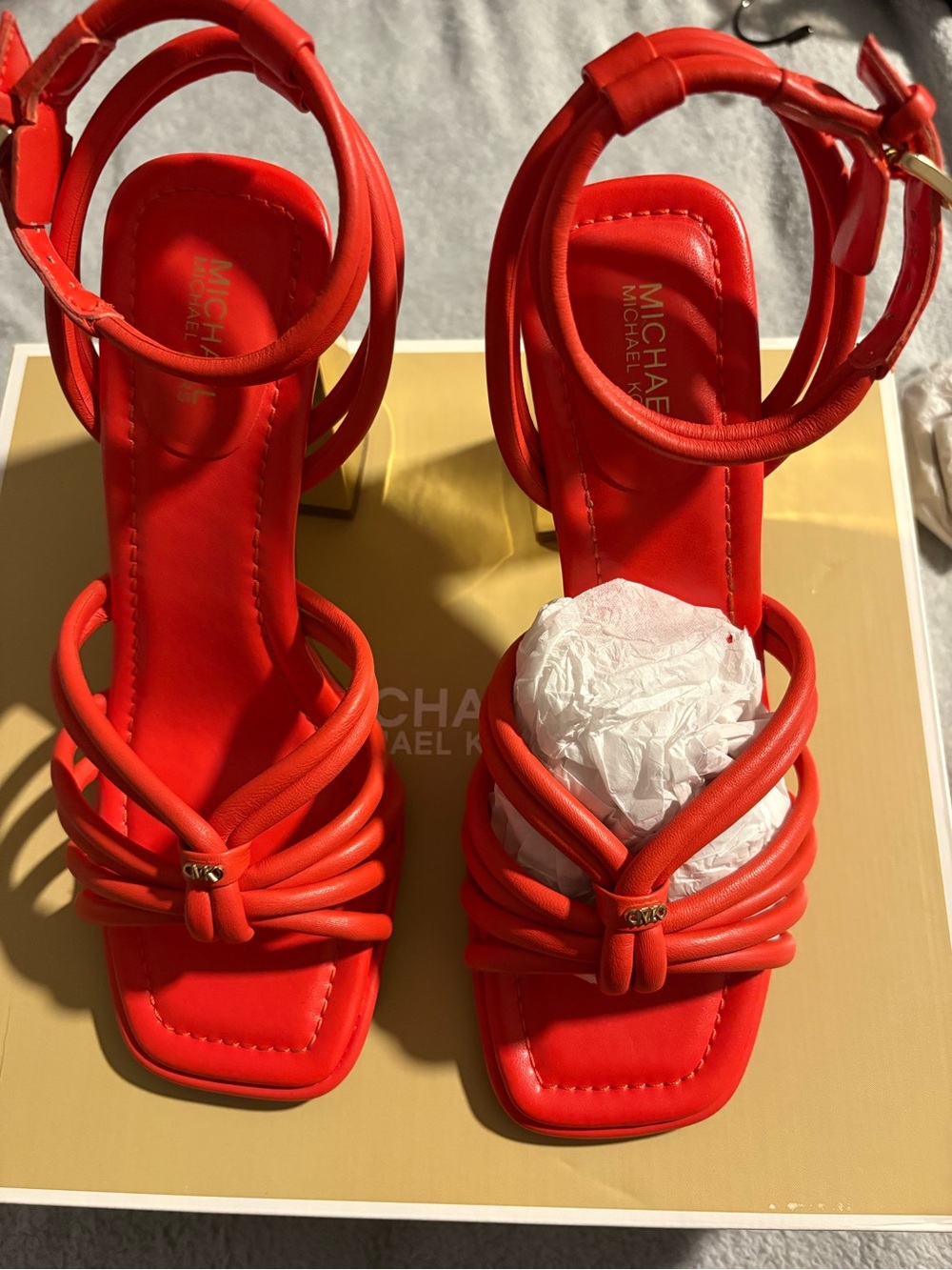 MICHAEL Michael Kors Bright Red / Orange Knotted Strappy Block Heels